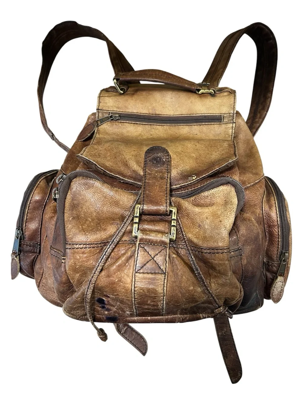 Vintage Brown Worn Weathered Distressed Leather Knapsack Backpack Size Medium